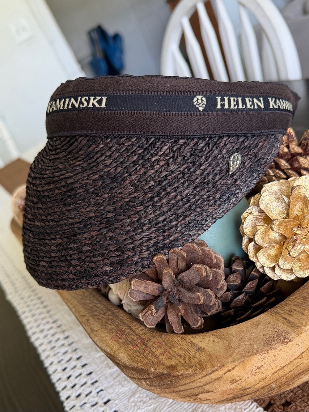 Helen Kaminski Chocolate Brown & Black Bianca Raffia Braid Visor Hat
